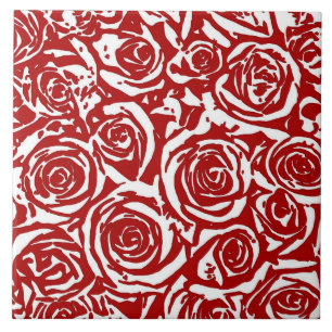 Modern Abstract Rose Pattern, Dark Red and White C Ceramic Tile