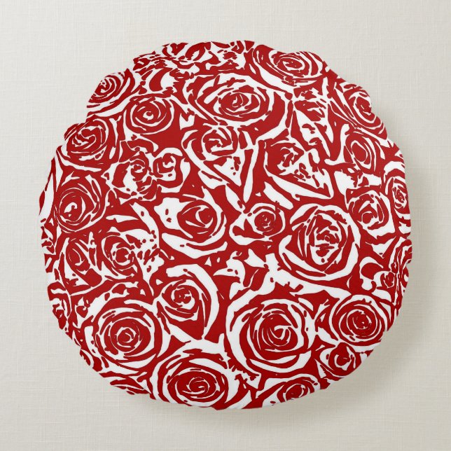 Modern Abstract Rose Pattern, Dark Red and White Round Cushion (Front)
