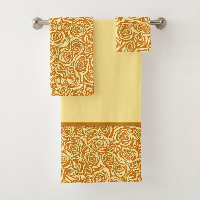 Modern Abstract Rose Pattern, Mustard Yellow Bath Towel Set (Insitu)
