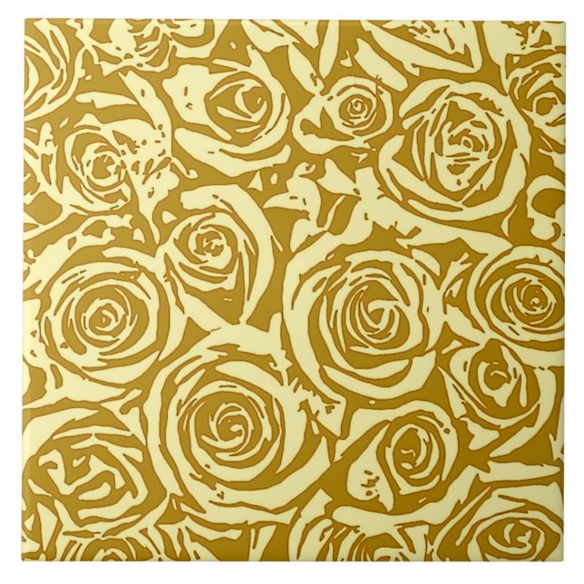 Modern Abstract Rose Pattern, Mustard Yellow Ceramic Tile (Front)