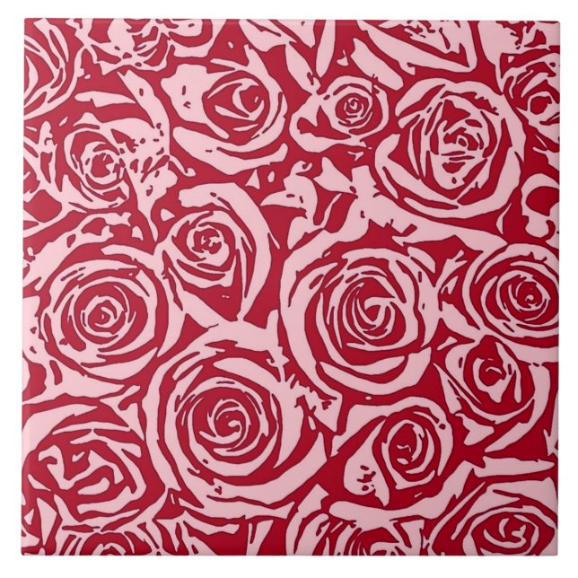 Modern Abstract Rose Pattern, Rose Red and Pink Ceramic Tile (Front)