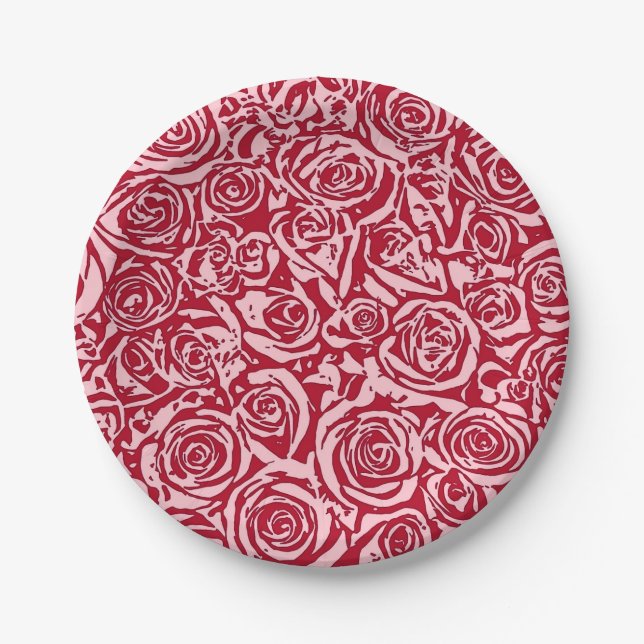 Modern Abstract Rose Pattern, Rose Red and Pink Paper Plate (Front)