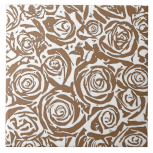 Modern Abstract Rose Pattern, Taupe Tan and White Ceramic Tile