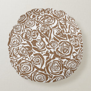 Modern Abstract Rose Pattern,Taupe Tan and White Round Cushion