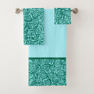 Modern Abstract Rose Pattern, Teal and Aqua Bath Towel Set