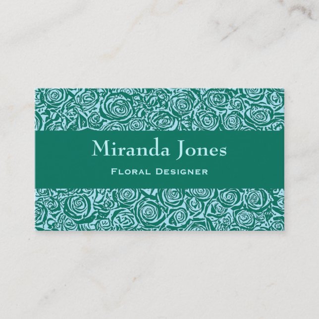 Modern Abstract Rose Pattern, Teal and Aqua Business Card (Front)