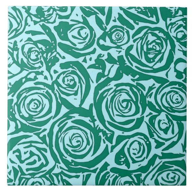 Modern Abstract Rose Pattern, Turquoise and Aqua Ceramic Tile (Front)