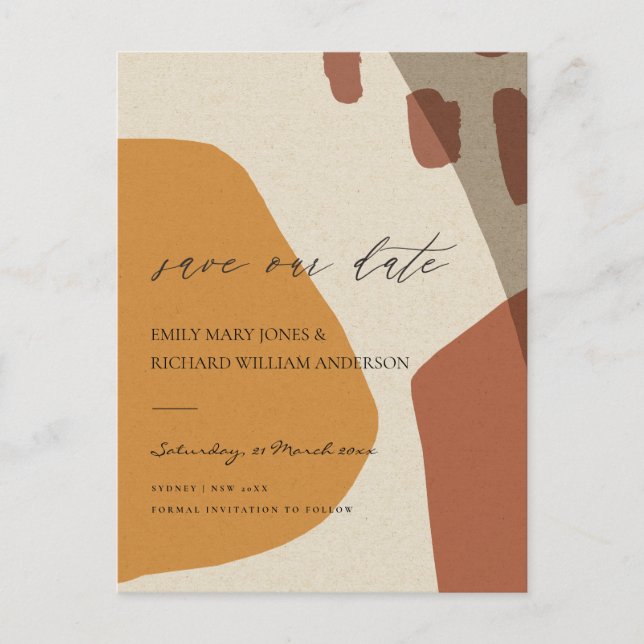 MODERN ABSTRACT RUST KRAFT ARTISTIC SAVE THE DATE ANNOUNCEMENT POSTCARD (Front)