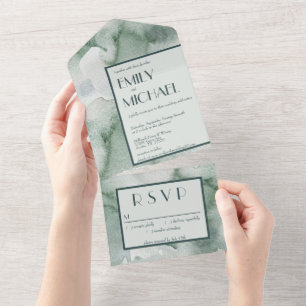 Modern Abstract Sage Green Moss Watercolor All In One Invitation