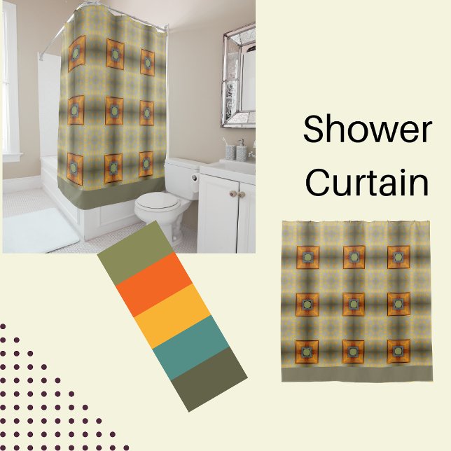 Modern abstract sage green with orange squares shower curtain (Creator Uploaded)