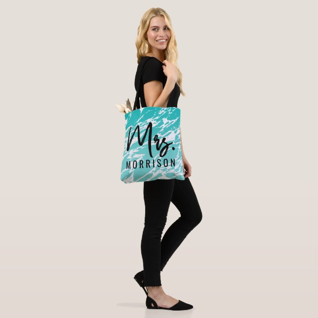 Modern Abstract Seafoam Teal White Marble Tote Bag (On Model)