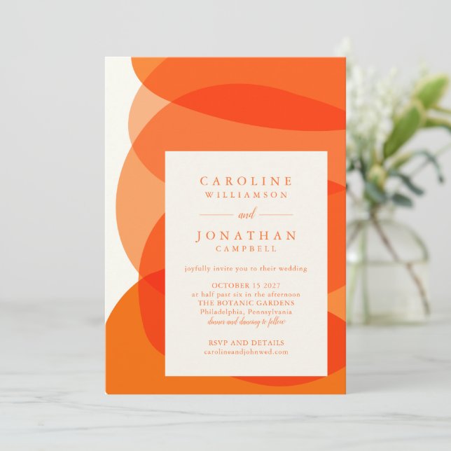 Modern Abstract Shapes in Orange Chic Wedding Invitation (Standing Front)