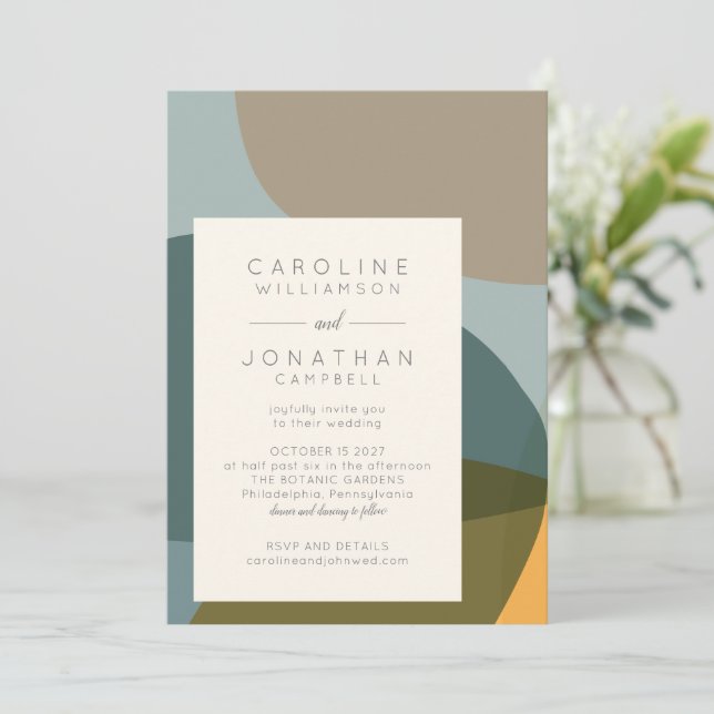 Modern Abstract Shapes Teal Taupe Chic Wedding Invitation (Standing Front)