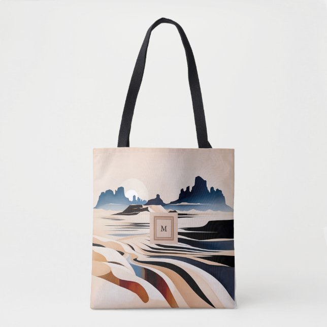 Modern abstract southwestern desert monogram tote bag (Front)