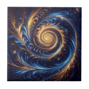 Modern Abstract Space Royal Blue and Gold Swirls  Ceramic Tile