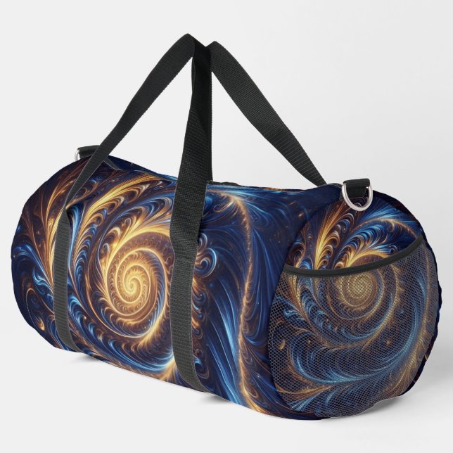 Modern Abstract Space Royal Blue and Gold Swirls  Duffle Bag (Right Corner)