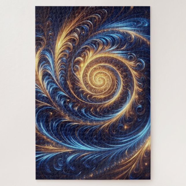 Modern Abstract Space Royal Blue and Gold Swirls  Jigsaw Puzzle (Vertical)