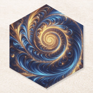 Modern Abstract Space Royal Blue and Gold Swirls Paper Coaster