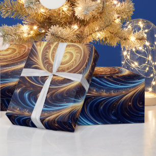 Modern Abstract Space Royal Blue and Gold Swirls Wrapping Paper