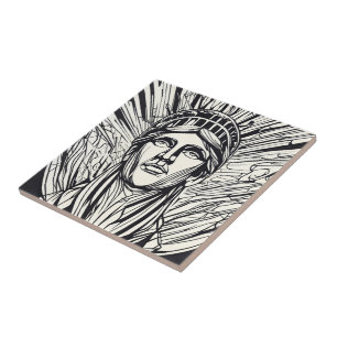 Modern Abstract Statue of Liberty Line Art Ceramic Tile