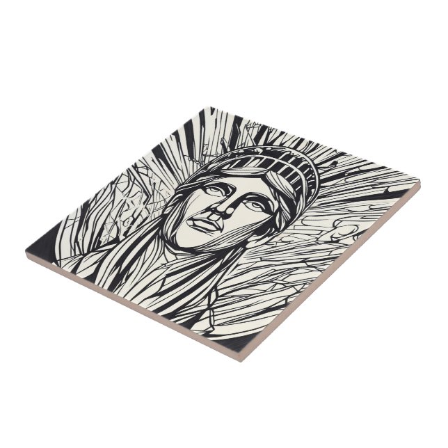 Modern Abstract Statue of Liberty Line Art Ceramic Tile (Side)