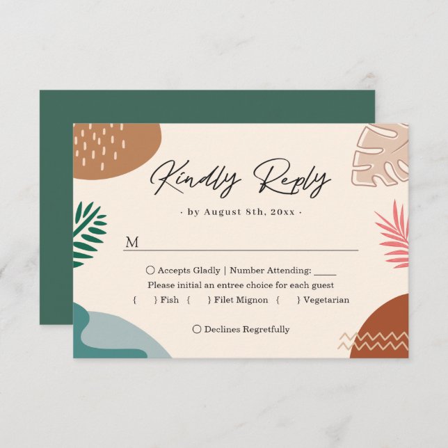 Modern Abstract Summer Tropical Leaves Wedding RSVP Card (Front/Back)