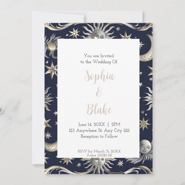 Modern Abstract Sun and Stars Celestial Wedding Invitation (Front)