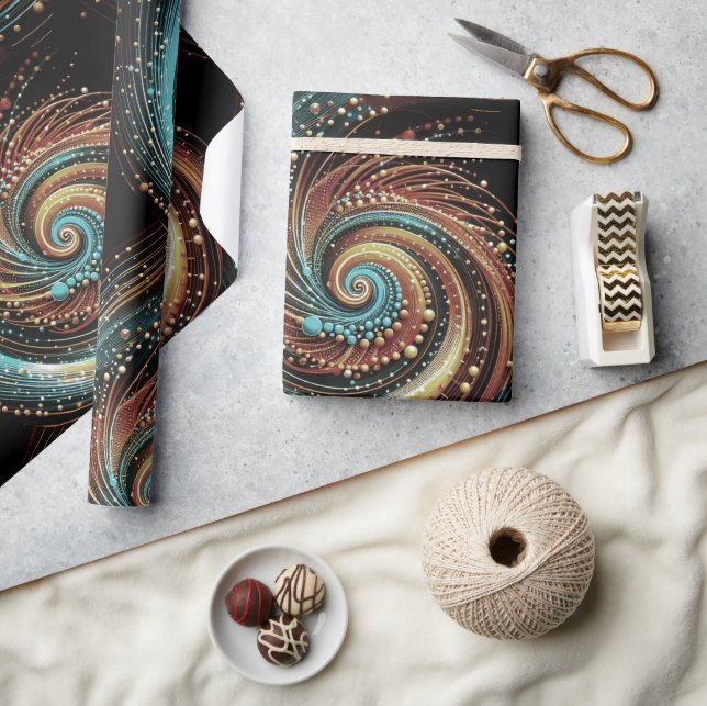 Modern Abstract Swirl Dots Blue Ginger Black  Wrapping Paper (Crafts)