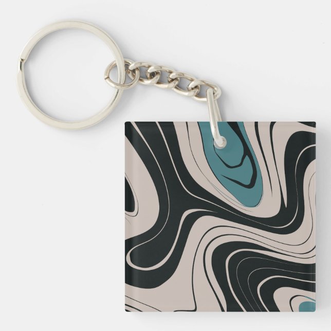Modern Abstract Teal and Black Swirl Pattern Key Ring (Front)