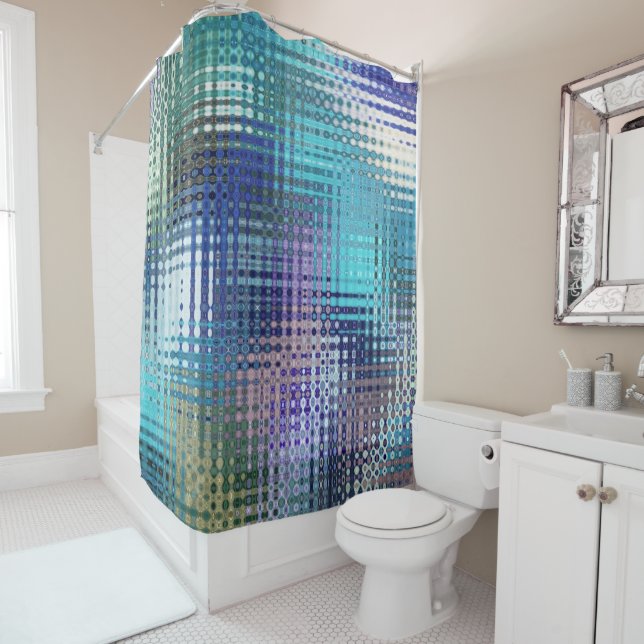 Modern Abstract Teal and Purple Pattern Shower Curtain (In Situ)