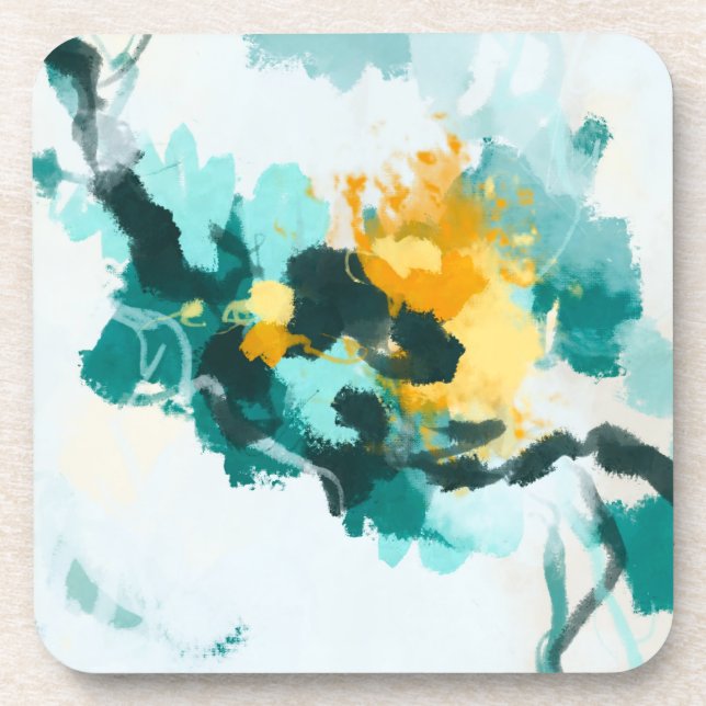 Modern Abstract Teal and Yellow Painted Design  Coaster (Front)