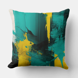 Modern Abstract Teal and Yellow Painted Design Cushion