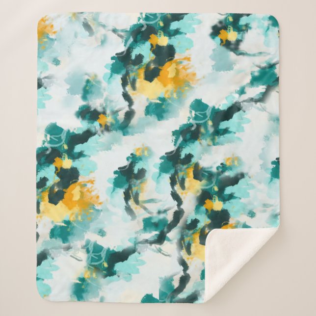 Modern Abstract Teal and Yellow Painted Design Sherpa Blanket (Front)