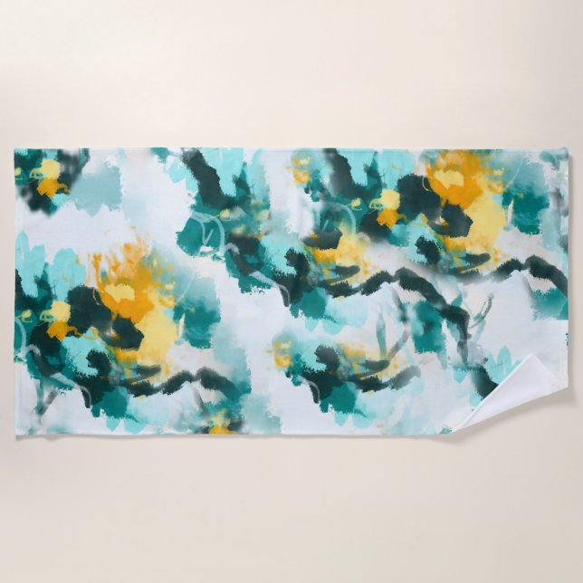 Modern Abstract Teal and Yellow Painted Design  Th Beach Towel (Front)