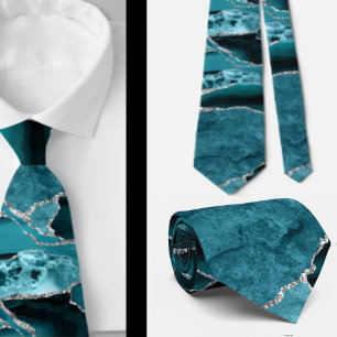 Modern Abstract Teal Blue Agate Formal Silver Tie