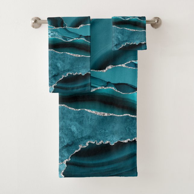 Modern Abstract Teal Blue Agate Silver Glitter  Bath Towel Set (Insitu)