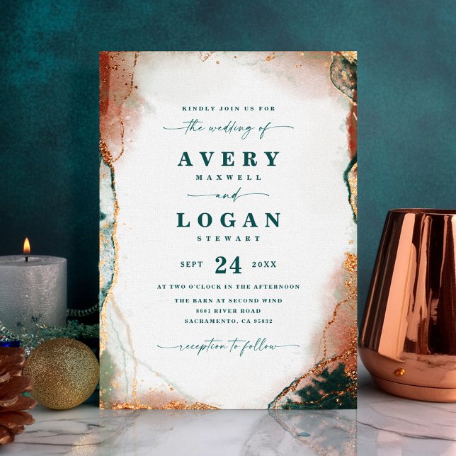Modern Abstract Teal Copper & Gold Fall Wedding Invitation (Teal and Copper Abstract Wedding Invitation)