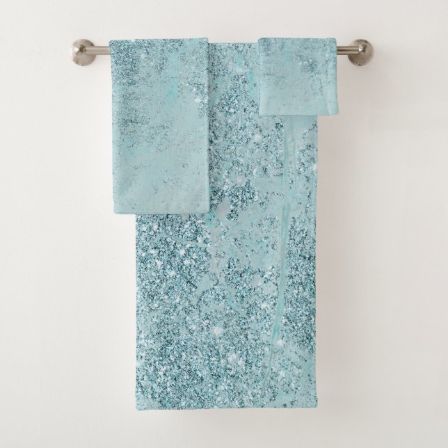 Modern abstract teal glitter blush tones marble bath towel set (Insitu)