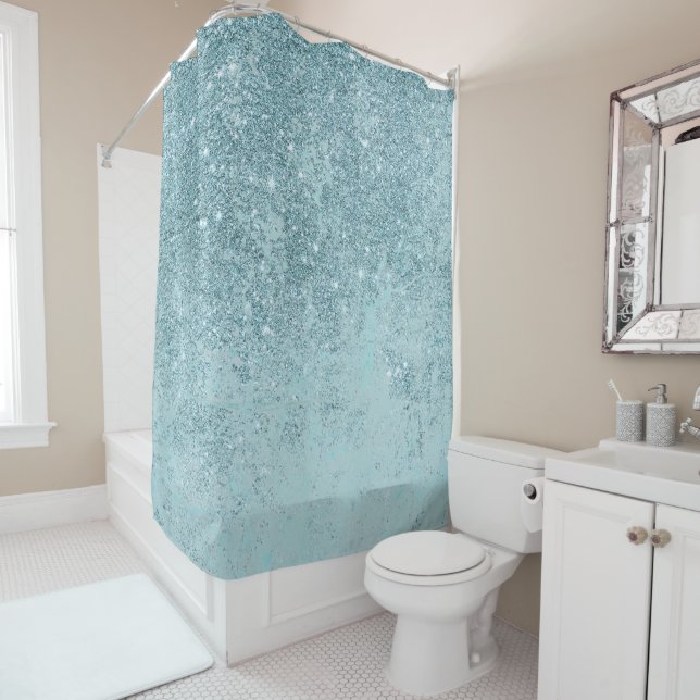 Modern abstract teal glitter blush tones marble shower curtain (In Situ)