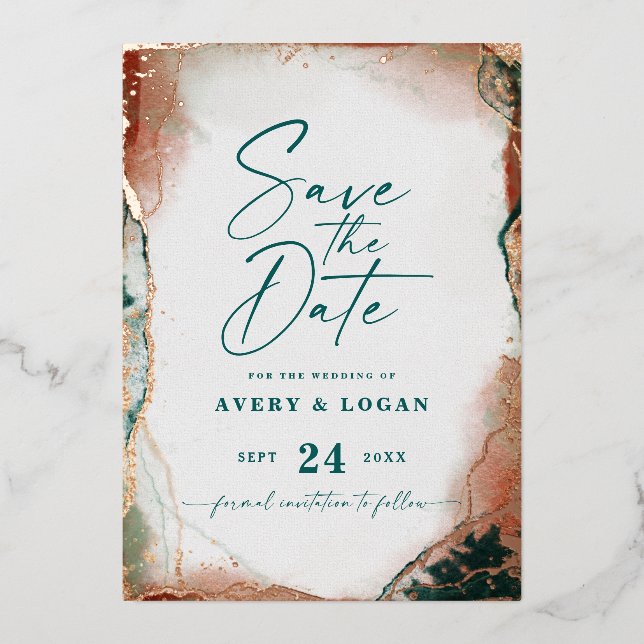 Modern Abstract Teal Rose Gold Save the Date Real (Front)