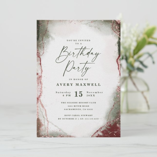 Modern Abstract Terra Rosa Pink Birthday Party Invitation (Standing Front)
