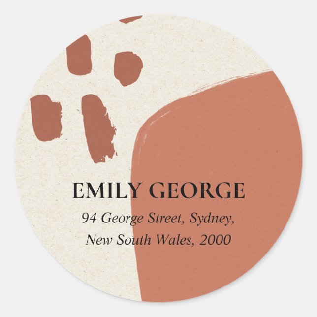MODERN ABSTRACT TERRACOTTA RED KRAFT ADDRESS CLASSIC ROUND STICKER (Front)