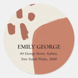 MODERN ABSTRACT TERRACOTTA RED KRAFT ADDRESS CLASSIC ROUND STICKER