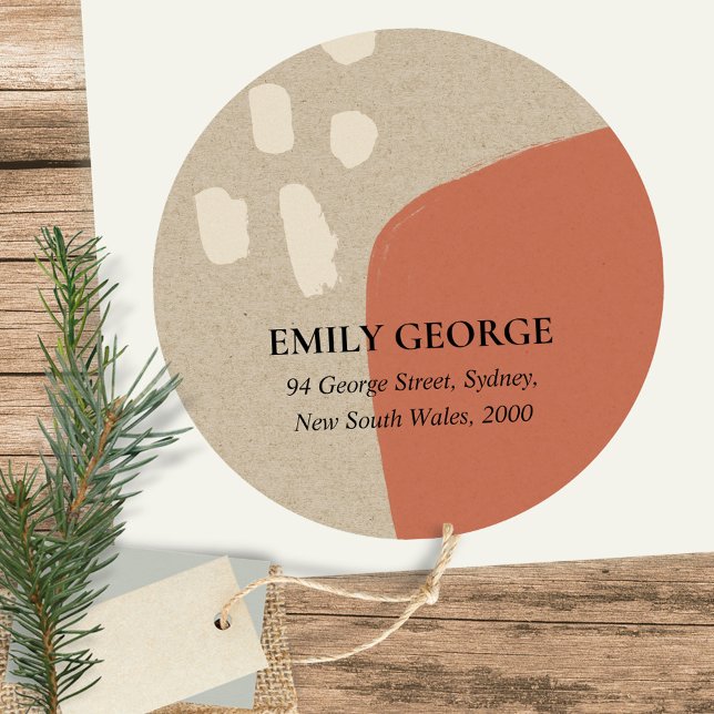 MODERN ABSTRACT TERRACOTTA RED KRAFT ADDRESS CLASSIC ROUND STICKER (Creator Uploaded)