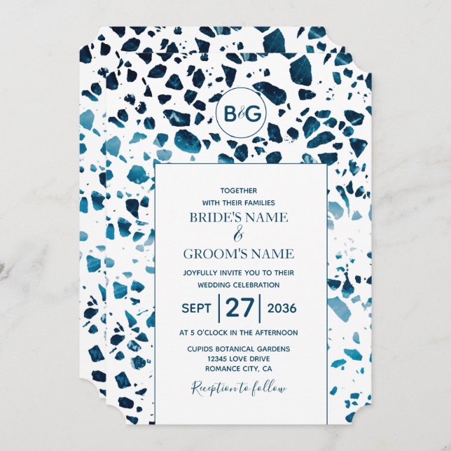 Modern Abstract Terrazzo Mosaic Blue Wedding Invitation (Front/Back)