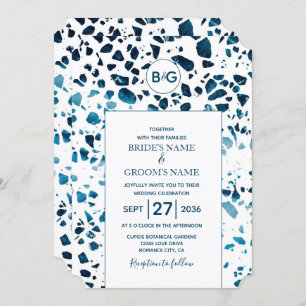 Modern Abstract Terrazzo Mosaic Blue Wedding Invitation