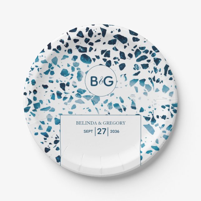 Modern Abstract Terrazzo Mosaic Blue Wedding  Paper Plate (Front)