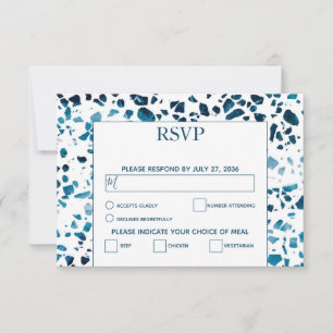 Modern Abstract Terrazzo Mosaic Blue Wedding RSVP  Card