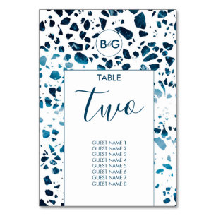 Modern Abstract Terrazzo Mosaic Blue Wedding  Table Number