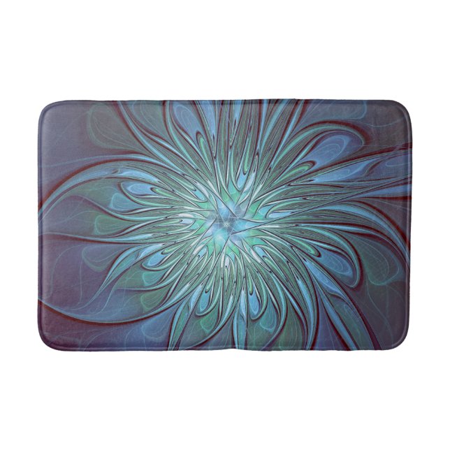 Modern Abstract Trendy Blue Flower Fractal Art Bath Mat (Front)